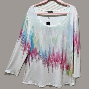 New WHITE PINK GREEN W STARS CELESTIAL PRINT SCOOP NECK TUNIC  3X  RESORT CRUISE